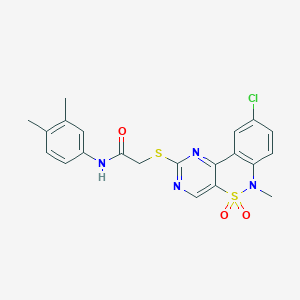 molecular formula C21H19ClN4O3S2 B2764627 2-((9-chloro-6-methyl-5,5-dioxido-6H-benzo[c]pyrimido[4,5-e][1,2]thiazin-2-yl)thio)-N-(3,4-dimethylphenyl)acetamide CAS No. 1111013-27-4