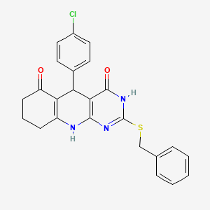 molecular formula C24H20ClN3O2S B2764632 2-(benzylthio)-5-(4-chlorophenyl)-7,8,9,10-tetrahydropyrimido[4,5-b]quinoline-4,6(3H,5H)-dione CAS No. 537043-17-7
