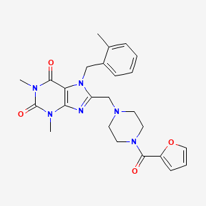 molecular formula C25H28N6O4 B2764641 8-[[4-[2-Furanyl(oxo)methyl]-1-piperazinyl]methyl]-1,3-dimethyl-7-[(2-methylphenyl)methyl]purine-2,6-dione CAS No. 851938-28-8