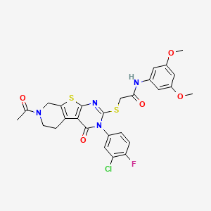 molecular formula C27H24ClFN4O5S2 B2764863 2-((7-acetyl-3-(3-chloro-4-fluorophenyl)-4-oxo-3,4,5,6,7,8-hexahydropyrido[4',3':4,5]thieno[2,3-d]pyrimidin-2-yl)thio)-N-(3,5-dimethoxyphenyl)acetamide CAS No. 892281-72-0