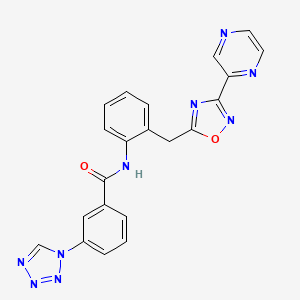 molecular formula C21H15N9O2 B2764884 N-(2-((3-(pyrazin-2-yl)-1,2,4-oxadiazol-5-yl)methyl)phenyl)-3-(1H-tetrazol-1-yl)benzamide CAS No. 2034401-67-5
