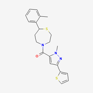 molecular formula C21H23N3OS2 B2764900 (1-methyl-3-(thiophen-2-yl)-1H-pyrazol-5-yl)(7-(o-tolyl)-1,4-thiazepan-4-yl)methanone CAS No. 1706090-89-2