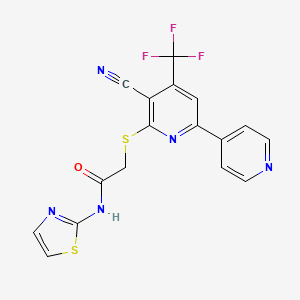 molecular formula C17H10F3N5OS2 B2764921 2-[3-氰基-6-吡啶-4-基-4-(三氟甲基)吡啶-2-基]硫代-N-(1,3-噻唑-2-基)乙酰胺 CAS No. 625378-16-7