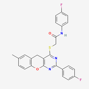 molecular formula C26H19F2N3O2S B2764950 N-(4-fluorophenyl)-2-((2-(4-fluorophenyl)-7-methyl-5H-chromeno[2,3-d]pyrimidin-4-yl)thio)acetamide CAS No. 866729-87-5