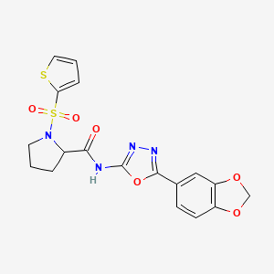 molecular formula C18H16N4O6S2 B2765024 N-(5-(benzo[d][1,3]dioxol-5-yl)-1,3,4-oxadiazol-2-yl)-1-(thiophen-2-ylsulfonyl)pyrrolidine-2-carboxamide CAS No. 1100308-09-5