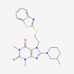 molecular formula C22H26N6O2S2 B2765025 7-[2-(1,3-Benzothiazol-2-ylthio)ethyl]-1,3-dimethyl-8-(3-methyl-1-piperidinyl)purine-2,6-dione CAS No. 850914-53-3