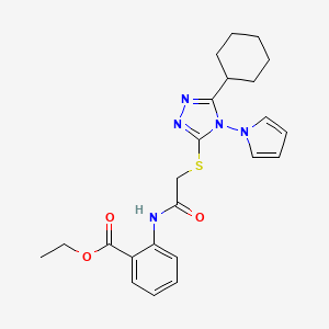 molecular formula C23H27N5O3S B2765107 乙酸-2-[({[5-环己基-4-(1H-吡咯-1-基)-4H-1,2,4-三唑-3-基]硫基}乙酰)氨基]苯甲酸酯 CAS No. 887860-54-0