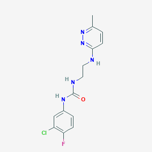 molecular formula C14H15ClFN5O B2765135 1-(3-Chloro-4-fluorophenyl)-3-(2-((6-methylpyridazin-3-yl)amino)ethyl)urea CAS No. 1171075-68-5