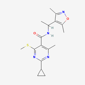 molecular formula C17H22N4O2S B2765202 2-环丙基-N-[1-(3,5-二甲基-1,2-噁唑-4-基)乙基]-4-甲基-6-甲硫基嘧啶-5-基甲酰胺 CAS No. 1436149-73-3