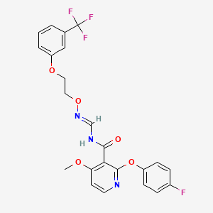 molecular formula C23H19F4N3O5 B2765336 2-(4-fluorophenoxy)-4-methoxy-N-[({2-[3-(trifluoromethyl)phenoxy]ethoxy}imino)methyl]nicotinamide CAS No. 341966-88-9