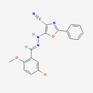 molecular formula C18H13BrN4O2 B2765359 (E)-5-(2-(5-bromo-2-methoxybenzylidene)hydrazinyl)-2-phenyloxazole-4-carbonitrile CAS No. 618065-32-0