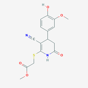 molecular formula C16H16N2O5S B2765360 甲酸甲酯 {[3-氰基-4-(4-羟基-3-甲氧基苯基)-6-氧代-1,4,5,6-四氢吡啶-2-基]硫代基}乙酸酯 CAS No. 375838-11-2