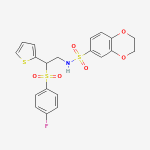 molecular formula C20H18FNO6S3 B2765403 N-(2-((4-fluorophenyl)sulfonyl)-2-(thiophen-2-yl)ethyl)-2,3-dihydrobenzo[b][1,4]dioxine-6-sulfonamide CAS No. 896347-89-0