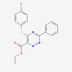 molecular formula C18H14FN3O2S B2765469 Ethyl 5-[(4-fluorophenyl)sulfanyl]-3-phenyl-1,2,4-triazine-6-carboxylate CAS No. 338957-33-8