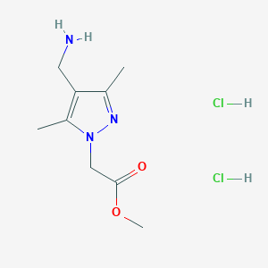 molecular formula C9H17Cl2N3O2 B2765643 methyl 2-[4-(aminomethyl)-3,5-dimethyl-1H-pyrazol-1-yl]acetate dihydrochloride CAS No. 1423034-71-2