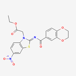 molecular formula C20H17N3O7S B2765794 (Z)-ethyl 2-(2-((2,3-dihydrobenzo[b][1,4]dioxine-6-carbonyl)imino)-6-nitrobenzo[d]thiazol-3(2H)-yl)acetate CAS No. 865247-28-5