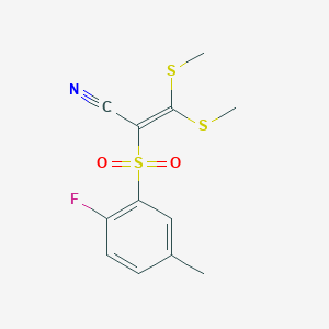 molecular formula C12H12FNO2S3 B2765907 2-[(2-Fluoro-5-methylphenyl)sulfonyl]-3,3-bis(methylthio)acrylonitrile CAS No. 1986549-91-0