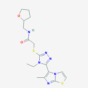 molecular formula C17H22N6O2S2 B2765929 2-((4-乙基-5-(6-甲基咪唑并[2,1-b]噻唑-5-基)-4H-1,2,4-三唑-3-基)硫)-N-((四氢呋喃-2-基)甲基)乙酰胺 CAS No. 1105224-31-4