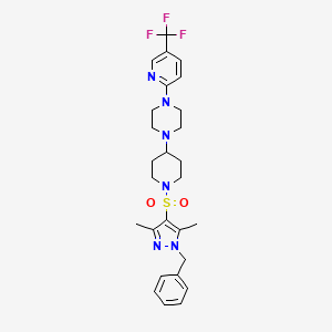 molecular formula C27H33F3N6O2S B2765995 1-{1-[(1-苄基-3,5-二甲基-1H-吡唑-4-基)磺酰]哌嗪-4-基}-4-(5-(三氟甲基)吡啶-2-基)哌嗪 CAS No. 2097935-26-5