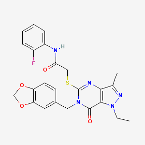 2-((6-(benzo[d][1,3]dioxol-5-ylmethyl)-1-ethyl-3-methyl-7-oxo-6,7-dihydro-1H-pyrazolo[4,3-d]pyrimidin-5-yl)thio)-N-(2-fluorophenyl)acetamide
