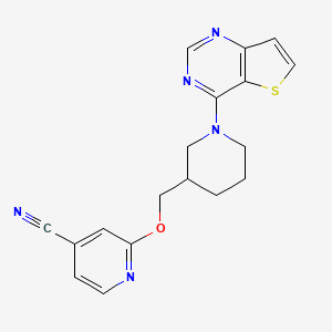 molecular formula C18H17N5OS B2766046 2-[(1-噻吩[3,2-d]嘧啶-4-基哌啶-3-基)甲氧基]吡啶-4-碳腈 CAS No. 2380144-39-6