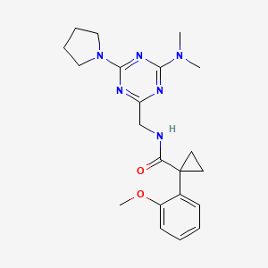 molecular formula C21H28N6O2 B2766056 N-((4-(dimethylamino)-6-(pyrrolidin-1-yl)-1,3,5-triazin-2-yl)methyl)-1-(2-methoxyphenyl)cyclopropanecarboxamide CAS No. 2034574-39-3