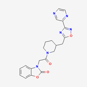 molecular formula C21H20N6O4 B2766083 3-(2-oxo-2-(3-((3-(pyrazin-2-yl)-1,2,4-oxadiazol-5-yl)methyl)piperidin-1-yl)ethyl)benzo[d]oxazol-2(3H)-one CAS No. 1705461-21-7
