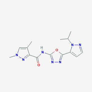 molecular formula C14H17N7O2 B2766101 N-(5-(1-isopropyl-1H-pyrazol-5-yl)-1,3,4-oxadiazol-2-yl)-1,4-dimethyl-1H-pyrazole-3-carboxamide CAS No. 1169962-26-8