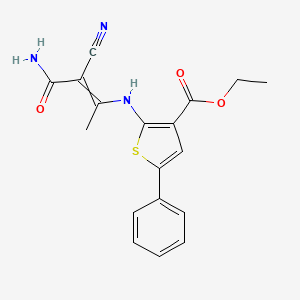 molecular formula C18H17N3O3S B2766125 Ethyl 2-[(1-carbamoyl-1-cyanoprop-1-en-2-yl)amino]-5-phenylthiophene-3-carboxylate CAS No. 875328-72-6