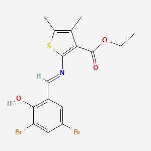 molecular formula C16H15Br2NO3S B2766154 (E)-ethyl 2-((3,5-dibromo-2-hydroxybenzylidene)amino)-4,5-dimethylthiophene-3-carboxylate CAS No. 318272-87-6