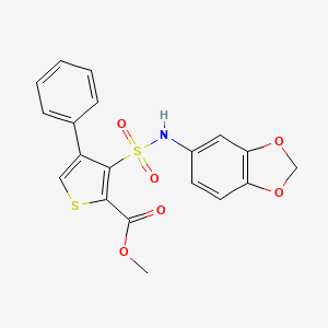 molecular formula C19H15NO6S2 B2766173 甲基-3-[(1,3-苯并二氧杂环[5.1.1]十五烷-5-基)氨基磺酰]-4-苯基噻吩-2-甲酸酯 CAS No. 899977-21-0