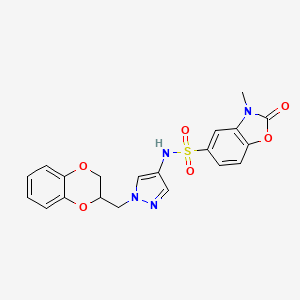 molecular formula C20H18N4O6S B2766180 N-(1-((2,3-dihydrobenzo[b][1,4]dioxin-2-yl)methyl)-1H-pyrazol-4-yl)-3-methyl-2-oxo-2,3-dihydrobenzo[d]oxazole-5-sulfonamide CAS No. 1788557-94-7