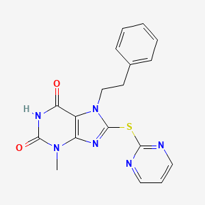molecular formula C18H16N6O2S B2766186 3-Methyl-7-(2-phenylethyl)-8-pyrimidin-2-ylthio-1,3,7-trihydropurine-2,6-dione CAS No. 673452-62-5