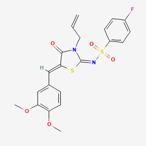 molecular formula C21H19FN2O5S2 B2766206 (E)-N-((Z)-3-烯丙基-5-(3,4-二甲氧基苯甲亚甲基)-4-氧代噻唑啉-2-亚甲基)-4-氟苯磺酰胺 CAS No. 867041-89-2