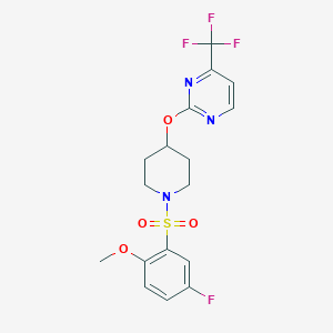 molecular formula C17H17F4N3O4S B2766241 2-[1-(5-Fluoro-2-methoxyphenyl)sulfonylpiperidin-4-yl]oxy-4-(trifluoromethyl)pyrimidine CAS No. 2380078-67-9