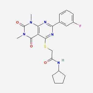 molecular formula C21H22FN5O3S B2766263 N-cyclopentyl-2-((2-(3-fluorophenyl)-6,8-dimethyl-5,7-dioxo-5,6,7,8-tetrahydropyrimido[4,5-d]pyrimidin-4-yl)thio)acetamide CAS No. 893920-86-0