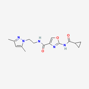 molecular formula C15H19N5O3 B2766423 2-(cyclopropanecarboxamido)-N-(2-(3,5-dimethyl-1H-pyrazol-1-yl)ethyl)oxazole-4-carboxamide CAS No. 1351605-31-6