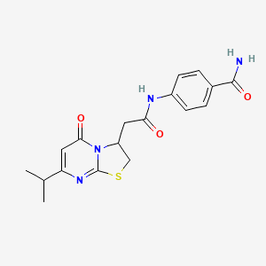 molecular formula C18H20N4O3S B2766484 4-(2-(7-isopropyl-5-oxo-3,5-dihydro-2H-thiazolo[3,2-a]pyrimidin-3-yl)acetamido)benzamide CAS No. 952974-09-3