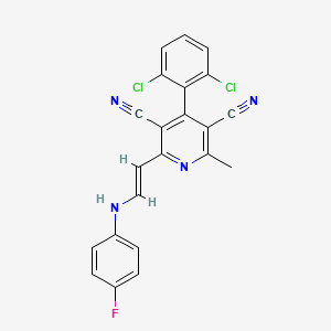 molecular formula C22H13Cl2FN4 B2766537 4-(2,6-Dichlorophenyl)-2-[2-(4-fluoroanilino)vinyl]-6-methyl-3,5-pyridinedicarbonitrile CAS No. 303148-17-6
