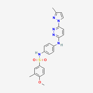 molecular formula C22H22N6O3S B2766563 4-甲氧基-3-甲基-N-(4-((6-(3-甲基-1H-吡唑-1-基)吡啶并[3-yl]氨基)苯基)苯磺酰胺 CAS No. 1014045-96-5