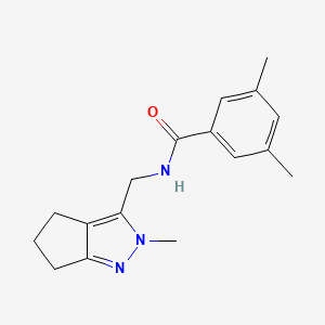 molecular formula C17H21N3O B2766571 3,5-dimethyl-N-((2-methyl-2,4,5,6-tetrahydrocyclopenta[c]pyrazol-3-yl)methyl)benzamide CAS No. 2034602-79-2