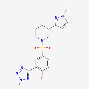 molecular formula C16H18FN7O2S B2766579 1-((4-氟-3-(1H-噻唑-5-基)苯基磺酰)-3-(1-甲基-1H-吡唑-3-基)哌啶 CAS No. 2200625-46-1