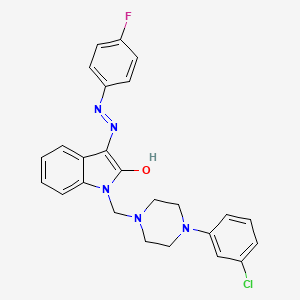 molecular formula C25H23ClFN5O B2766673 1-{[4-(3-chlorophenyl)piperazino]methyl}-1H-indole-2,3-dione 3-[N-(4-fluorophenyl)hydrazone] CAS No. 338391-78-9