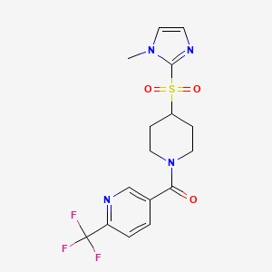 molecular formula C16H17F3N4O3S B2766686 (4-((1-methyl-1H-imidazol-2-yl)sulfonyl)piperidin-1-yl)(6-(trifluoromethyl)pyridin-3-yl)methanone CAS No. 2309185-28-0