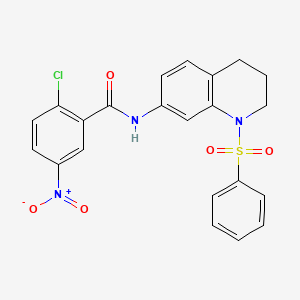 molecular formula C22H18ClN3O5S B2766691 2-chloro-5-nitro-N-(1-(phenylsulfonyl)-1,2,3,4-tetrahydroquinolin-7-yl)benzamide CAS No. 941900-75-0