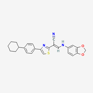 molecular formula C25H23N3O2S B2766758 (2E)-3-(1,3-benzodioxol-5-ylamino)-2-[4-(4-cyclohexylphenyl)-1,3-thiazol-2-yl]prop-2-enenitrile CAS No. 1021251-89-7