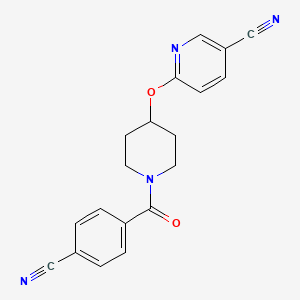 molecular formula C19H16N4O2 B2766814 6-((1-(4-Cyanobenzoyl)piperidin-4-yl)oxy)nicotinonitrile CAS No. 1421492-91-2