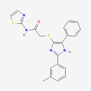 molecular formula C21H18N4OS2 B2766854 2-((5-phenyl-2-(m-tolyl)-1H-imidazol-4-yl)thio)-N-(thiazol-2-yl)acetamide CAS No. 901258-38-6