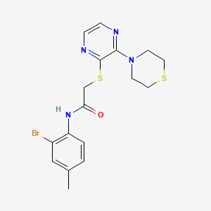 molecular formula C17H19BrN4OS2 B2766876 N-(2-bromo-4-methylphenyl)-2-((3-thiomorpholinopyrazin-2-yl)thio)acetamide CAS No. 1226449-28-0