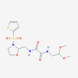 molecular formula C14H21N3O7S2 B2766881 N1-(2,2-dimethoxyethyl)-N2-((3-(thiophen-2-ylsulfonyl)oxazolidin-2-yl)methyl)oxalamide CAS No. 874804-76-9
